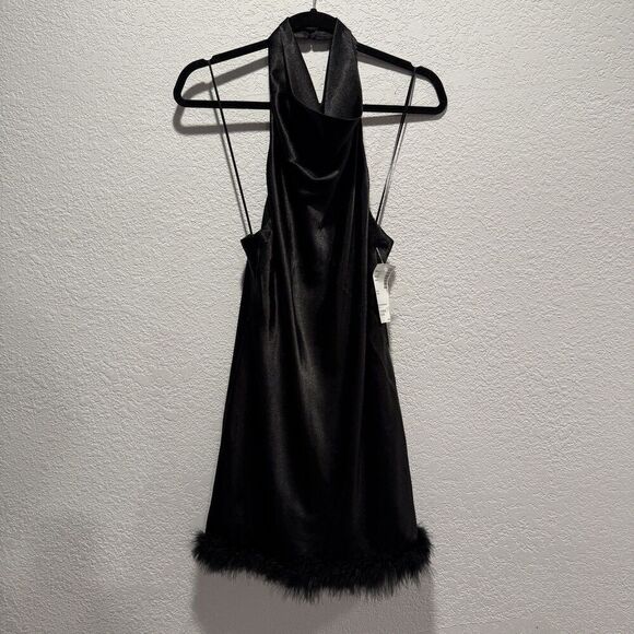 Morgan & Company Juniors Halter-neck Feather Trim Black Mini Dress Women’s 7 NWT - Picture 3 of 11